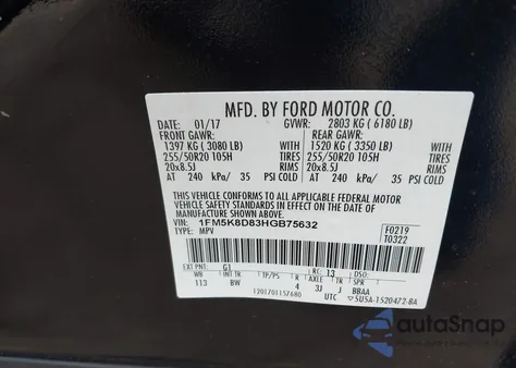 2017 Ford Explorer Xlt из США, поврежденный, VIN 1FM5K8D83HGB75632